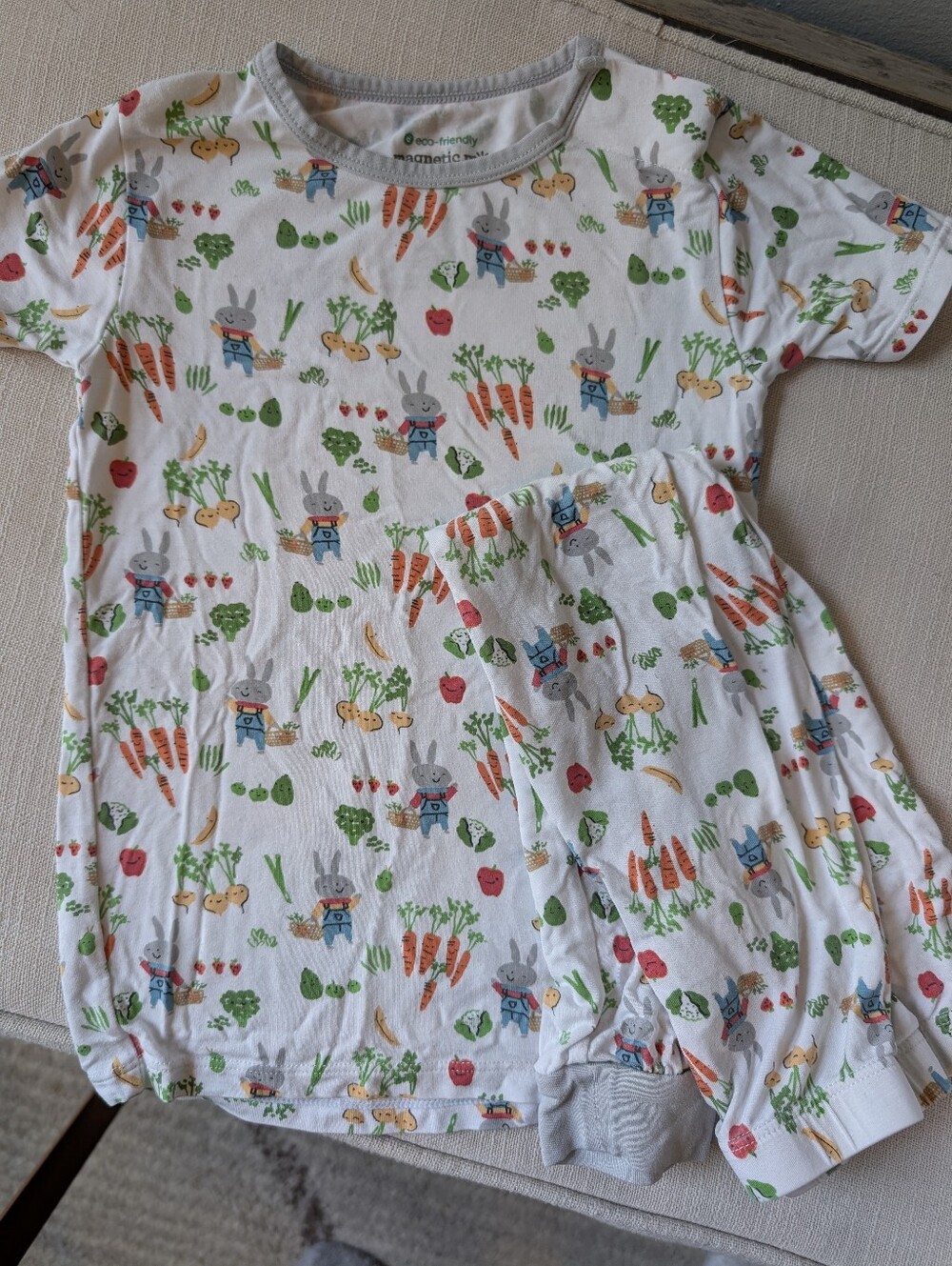 Magnetic Me Modal White Short Sleeve Pajama Set with Bunny & Veggie Print